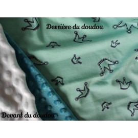 Doudou minky (doublure menthe couronnes) avec prénom et motif