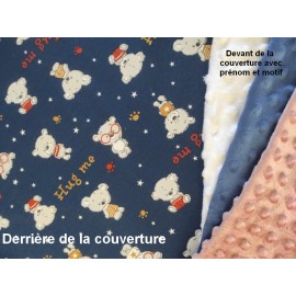 Couverture doublée avec prénom et motif (doublure oursons)