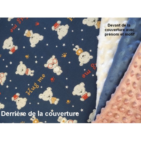 Couverture doublée avec prénom et motif (doublure oursons)