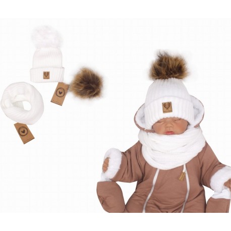 Ensemble bonnet pompon et snood blanc