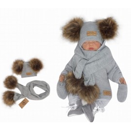 Ensemble bonnet et écharpe double pompons gris