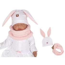 Ensemble bonnet lapin et snood rose