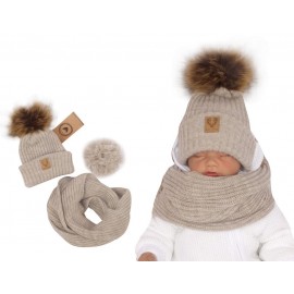 Ensemble bonnet pompon et snood beige