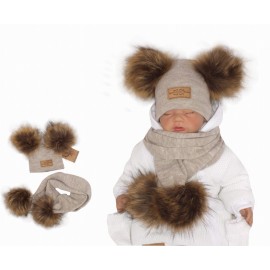 Ensemble bonnet et écharpe double pompons beige