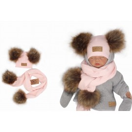 Ensemble bonnet et écharpe double pompons rose