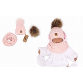 Ensemble bonnet pompon et snood rose