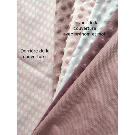 Couverture doublée avec prénom et motif (doublure losanges roses)