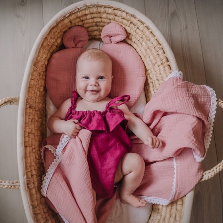 Ensemble oreiller et couverture en gaze de coton rose et dentelle