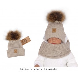 Bonnet beige avec 2 pompons interchangeables