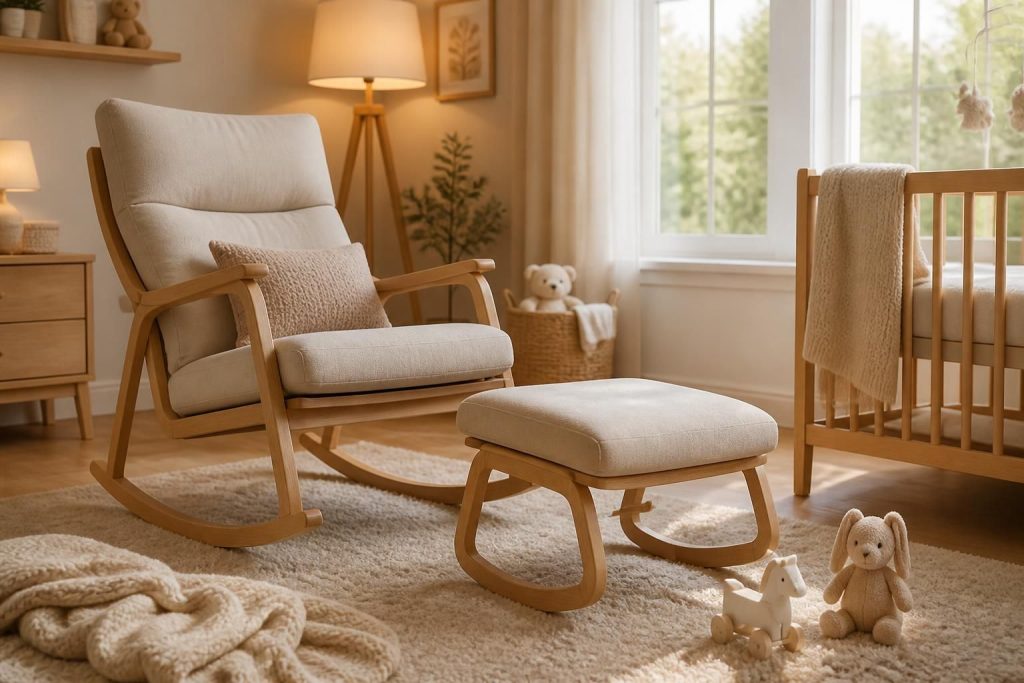 découvrez notre sélection de rocking chairs d’allaitement avec repose-pied, alliant confort et design pour des moments de douceur avec bébé.